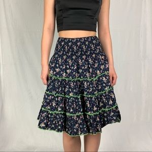 sumalee xs black and green floral tiered ruffle a line midi skirt